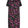Abito in fantasia fiori NERO-FUXIA