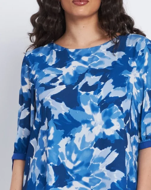 Blusa a fantasia con polsi e inserti a contrasto BLU CHINA