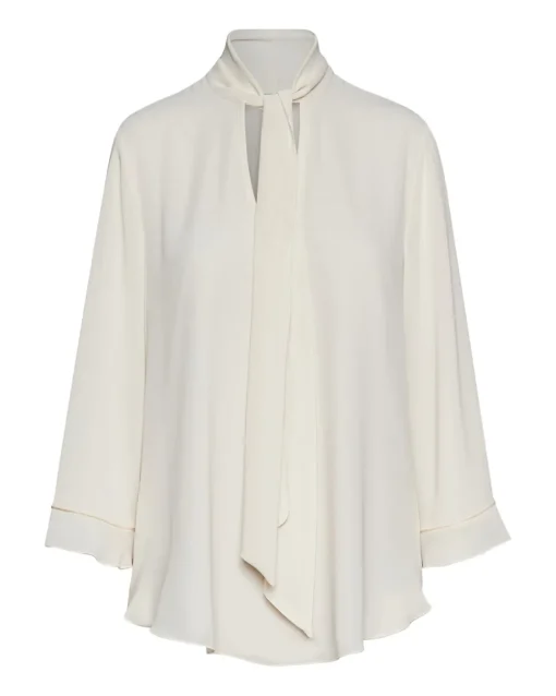 Blusa con scollo a V, fusciacca e manica a volant CREMA