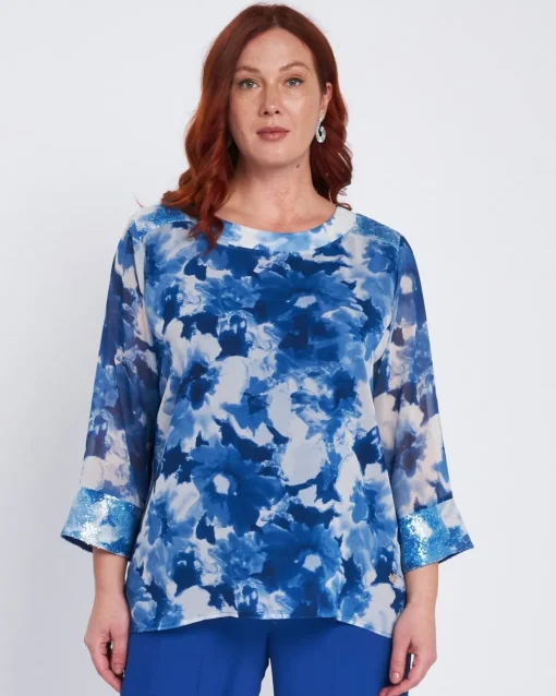Blusa stampata con inserti in paillettes BLU CHINA