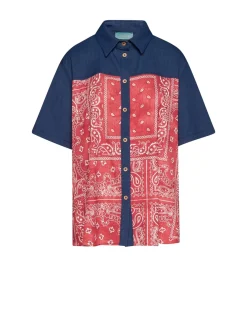Camicia a fantasia con inserti chambray BLU