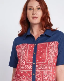 Camicia a fantasia con inserti chambray BLU