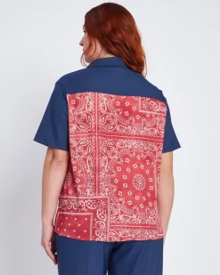Camicia a fantasia con inserti chambray BLU