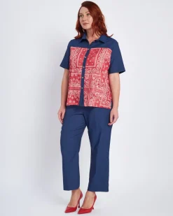 Camicia a fantasia con inserti chambray BLU