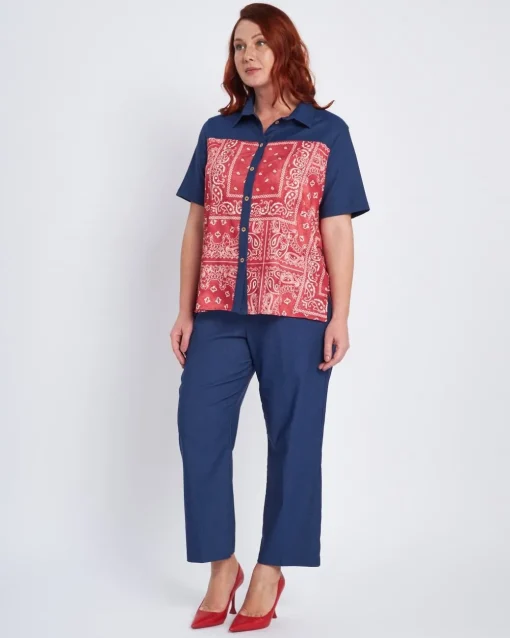 Camicia a fantasia con inserti chambray BLU