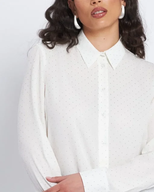 Camicia con colletto e strass all over PANNA