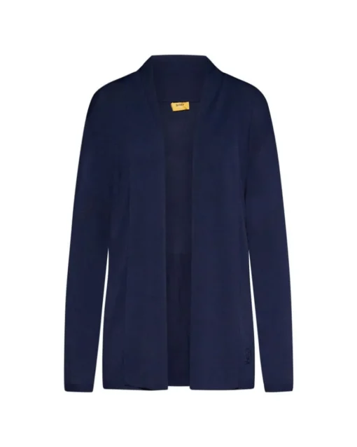 Cardigan aperto in maglia di misto viscosa con logo in strass BLU
