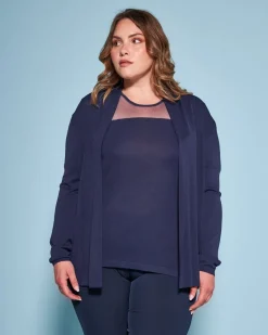 Cardigan aperto in maglia di misto viscosa con logo in strass BLU
