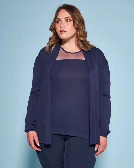 Cardigan aperto in maglia di misto viscosa con logo in strass BLU