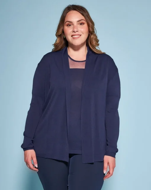Cardigan aperto in maglia di misto viscosa con logo in strass BLU