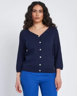 Cardigan scollo a V con bottoni e maniche a trafori BLU