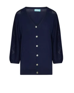 Cardigan scollo a V con bottoni e maniche a trafori BLU
