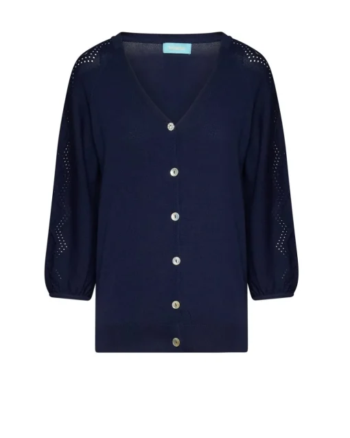 Cardigan scollo a V con bottoni e maniche a trafori BLU