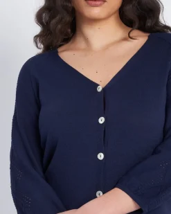 Cardigan scollo a V con bottoni e maniche a trafori BLU