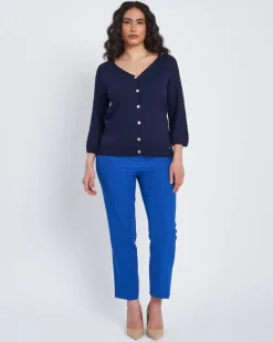 Cardigan scollo a V con bottoni e maniche a trafori BLU