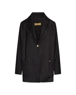 Giacca monopetto in tessuto gessato lurex NERO-ORO
