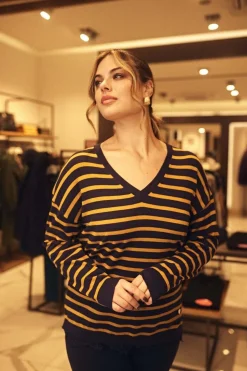 Maglia a righe con scollo a V e trina in pizzo BLU