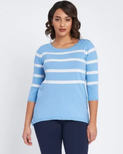 Maglia a righe in misto lurex con bottoni CELESTE