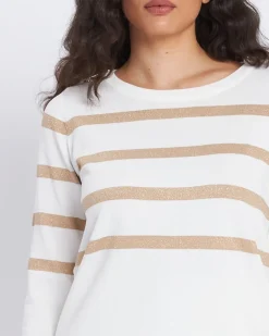 Maglia a righe in misto lurex con bottoni BIANCO