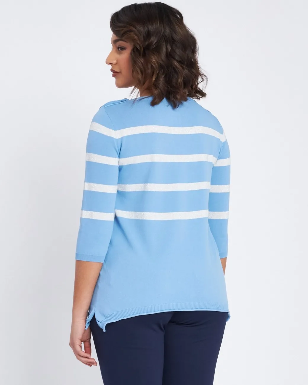 Maglia a righe in misto lurex con bottoni CELESTE