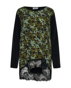 Maglia animalier con pizzo NERO-OLIVA