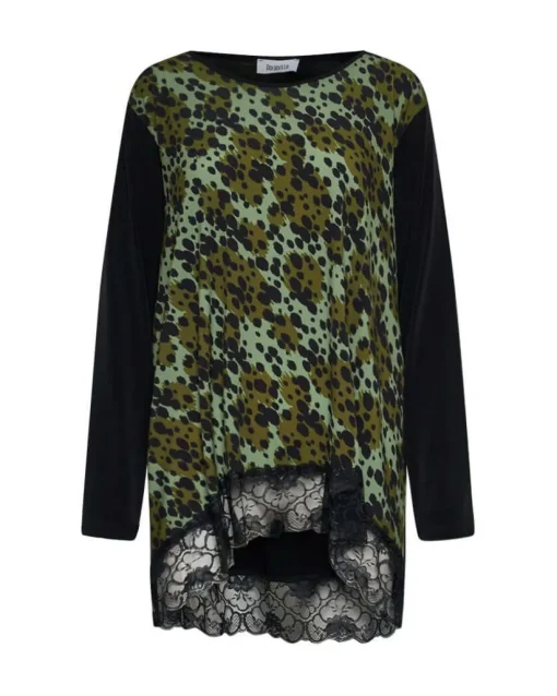 Maglia animalier con pizzo NERO-OLIVA