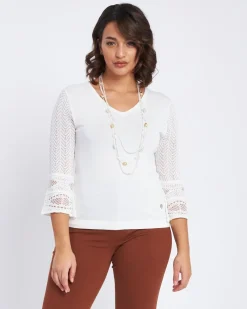 Maglia con scollo a V e trafori lungo le maniche BIANCO