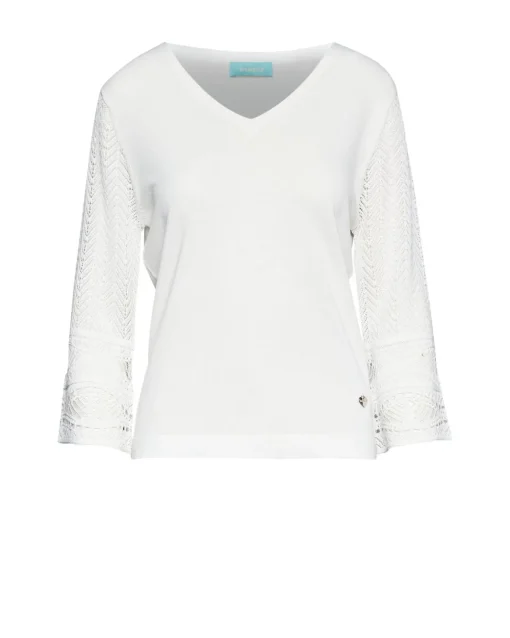 Maglia con scollo a V e trafori lungo le maniche BIANCO
