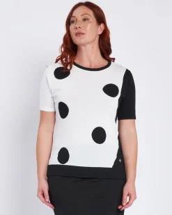 Maglia girocollo con pois e inserti a contrasto BIANCO