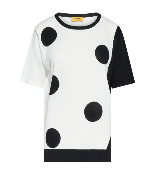 Maglia girocollo con pois e inserti a contrasto BIANCO