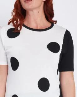 Maglia girocollo con pois e inserti a contrasto BIANCO