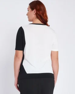 Maglia girocollo con pois e inserti a contrasto BIANCO