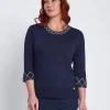 Maglia girocollo con ricami a rombo ai bordi BLU