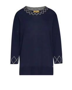 Maglia girocollo con ricami a rombo ai bordi BLU