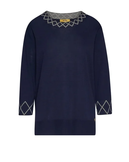 Maglia girocollo con ricami a rombo ai bordi BLU