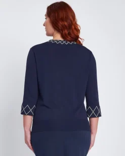 Maglia girocollo con ricami a rombo ai bordi BLU