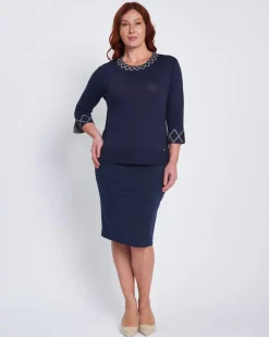 Maglia girocollo con ricami a rombo ai bordi BLU