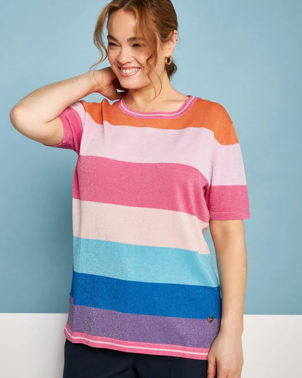 Maglia girocollo in filato di misto viscosa a righe lurex MULTICOLOR