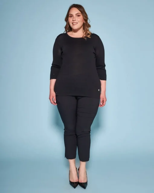 Maglia girocollo in filato di misto viscosa con strass NERO