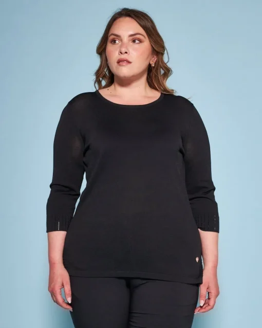 Maglia girocollo in filato di misto viscosa con strass NERO