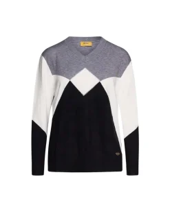 Maglia motivo a rombi con scollo a V e strass NERO