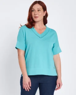 Maglia scollo a V con intarsio basket TURCHESE