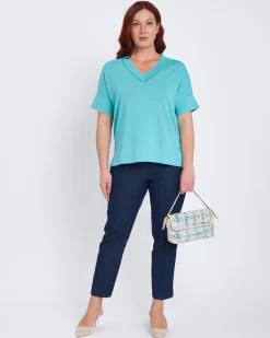 Maglia scollo a V con intarsio basket TURCHESE