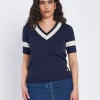 Maglia scollo a V con orli a costine bicolor BLU