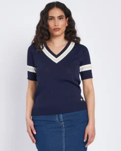 Maglia scollo a V con orli a costine bicolor BLU