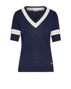 Maglia scollo a V con orli a costine bicolor BLU