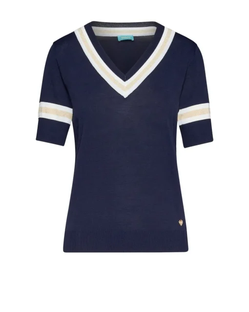 Maglia scollo a V con orli a costine bicolor BLU