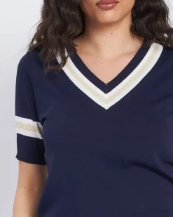 Maglia scollo a V con orli a costine bicolor BLU