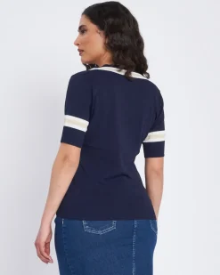 Maglia scollo a V con orli a costine bicolor BLU