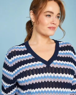 Maglia scollo a V in filato di misto viscosa traforata con motivo chev